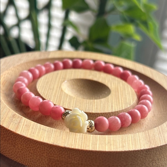Handmade Jewelry - Handmade Pink Quartzite Beaded Bracelet with Rose Accent